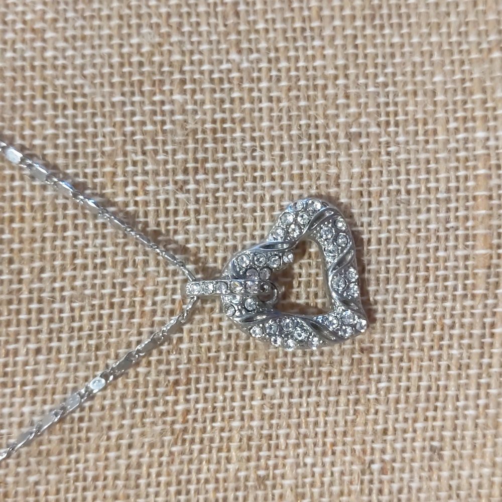 3 for $30 Heart Shaped Pendant Silver Toned Faux Diamonds on Nine Inch Necklace - Picture 2 of 7